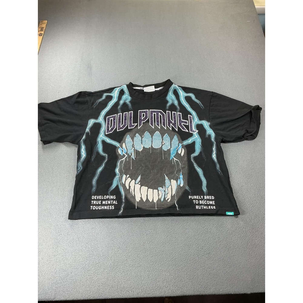 DVNT Shirt Mens L Black Lightning Skull Graphic Rhinestone Crewneck Logo